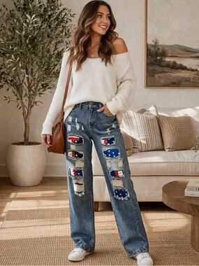 Women’s Patriotic‎ Americana Blue Jeans Denim 8 10 (30 waist) Rugged Frayed M